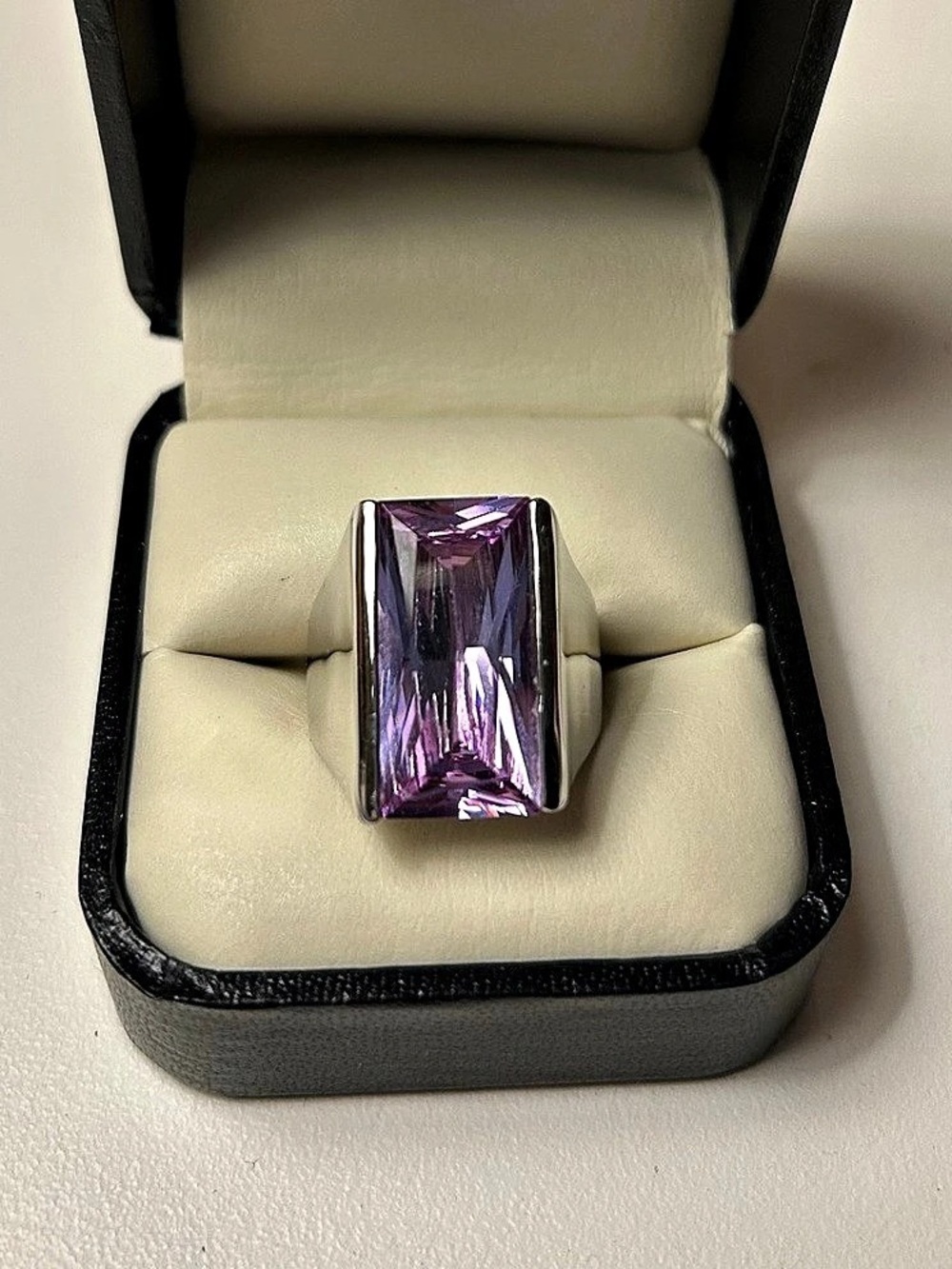 Bevel Cut Amethyst Rhinestone and Silver Ring Size 7.5